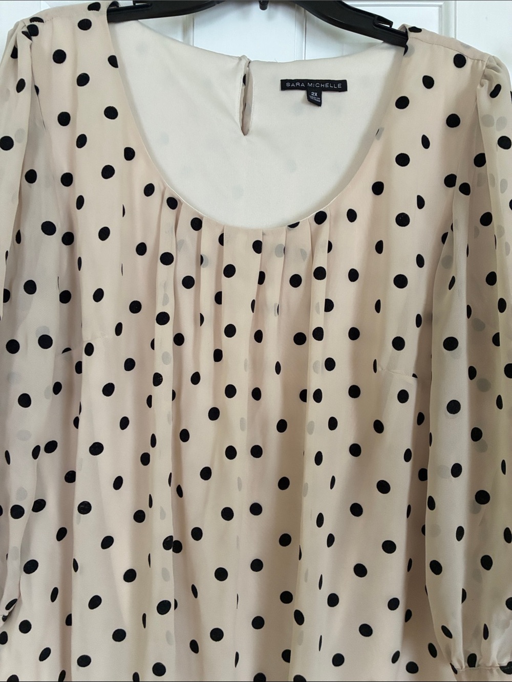 Sara Michelle Beige and Black Polka Dot Blouse - Scoop Neck, 3/4 Sleeve - Picture 7 of 7